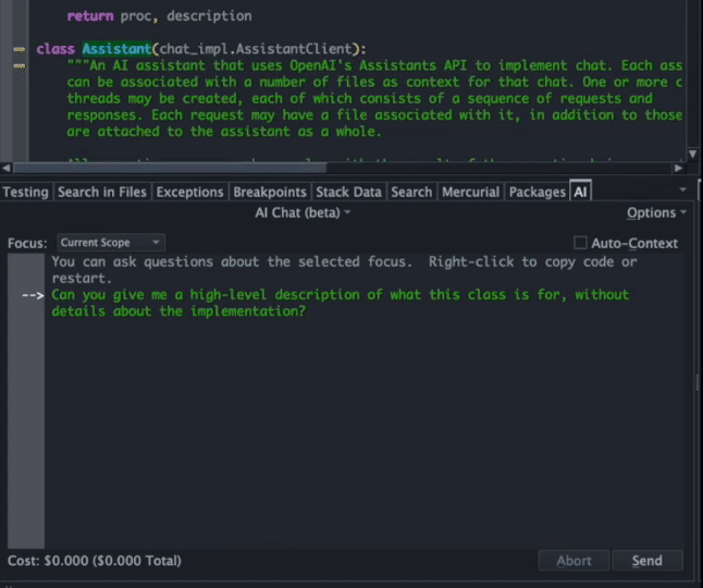 AI chat to explain code in Wing Pro